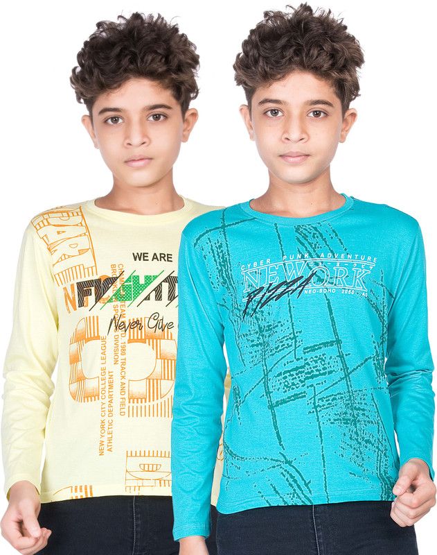 Boys Printed Pure Cotton T Shirt  (Blue, Pack of 2)