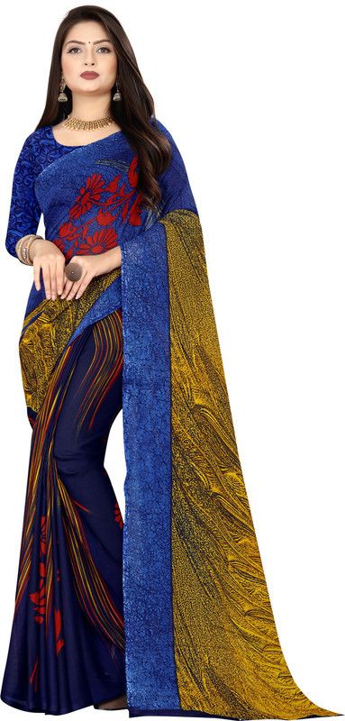 Printed, Striped, Floral Print Daily Wear Georgette Saree  (Dark Blue)