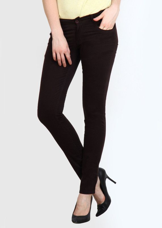 Women Slim Fit Brown Cotton Blend Trousers
