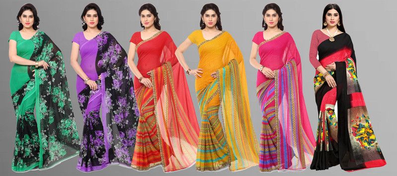 Paisley, Ombre, Geometric Print, Floral Print, Polka Print Daily Wear Georgette Saree  (Pack of 6, Multicolor)