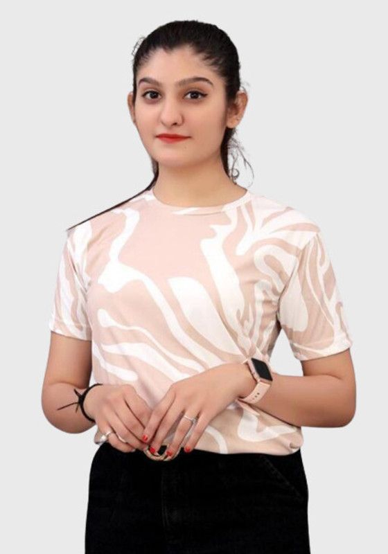 Women Printed Round Neck Viscose Rayon Beige T-Shirt