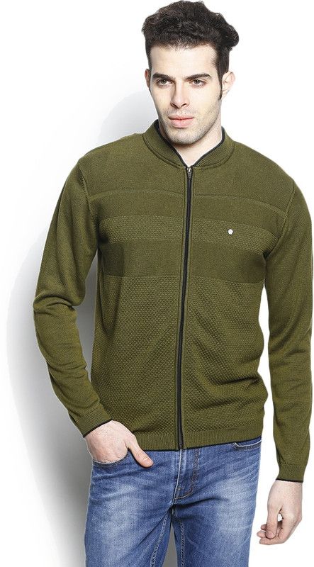 Men Self Design Round Neck Dark Green Sweater