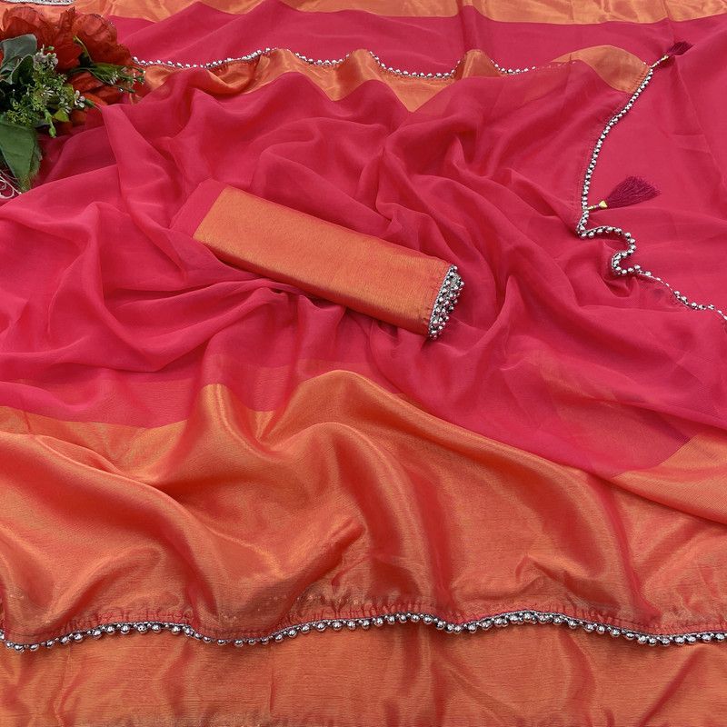 Applique Bollywood Chiffon Saree  (Magenta)