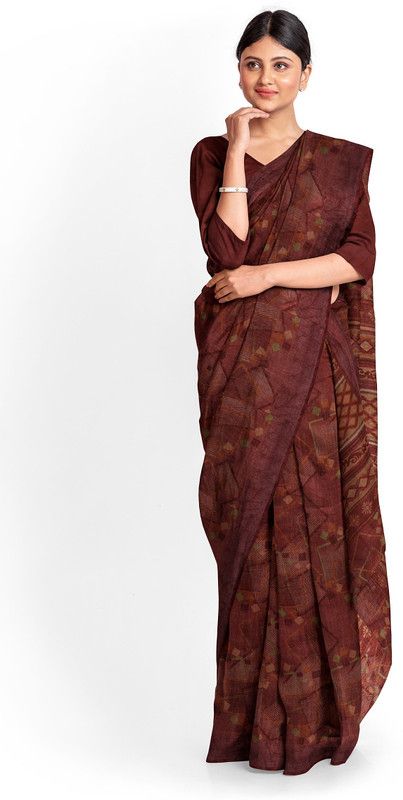 Printed Bollywood Cotton Linen Saree  (Maroon)