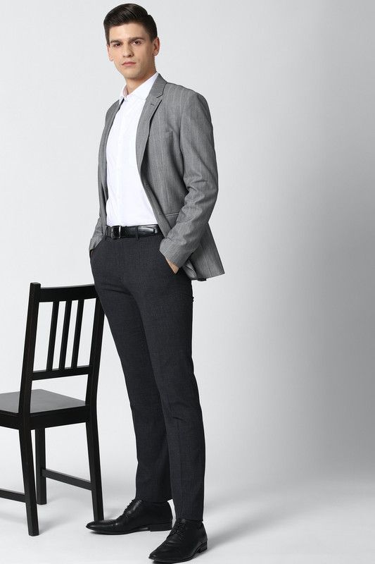Men Striped Single Breasted Formal Blazer  (Grey)