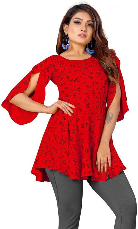 Casual Balloon Sleeve Printed Women Red Top