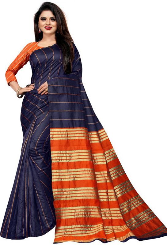 Striped Banarasi Art Silk Saree  (Dark Blue)