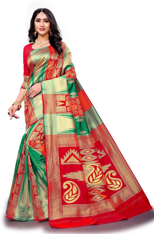 Woven Kanjivaram Silk Blend, Jacquard Saree  (Red, Green)