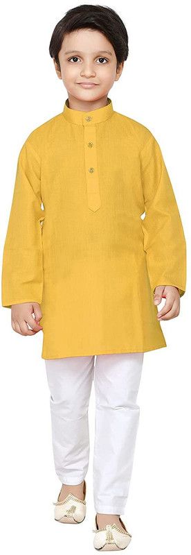 Boys Solid Cotton Silk Straight Kurta  (Yellow)