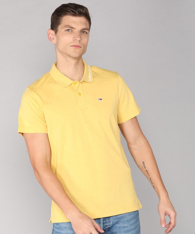 Men Solid Polo Neck Organic Cotton Yellow T-Shirt