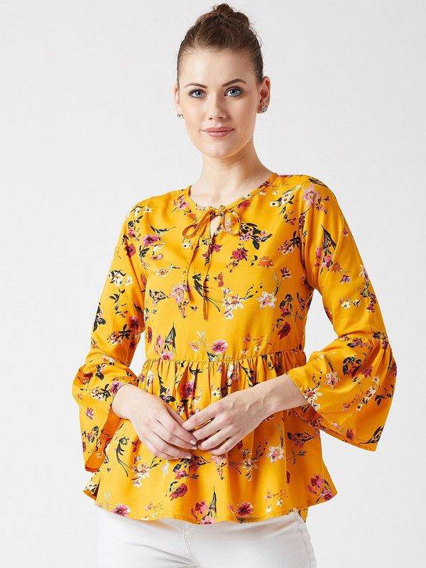 Party Bell Sleeves Floral Print Women Yellow Top