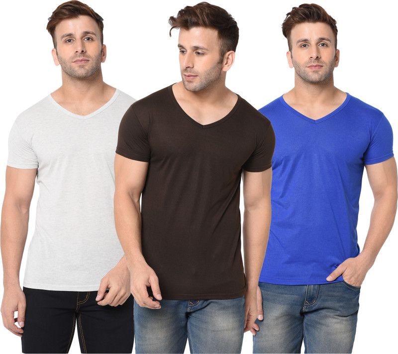 Pack of 3 Men Solid V Neck Cotton Blend Brown, Blue, Grey T-Shirt