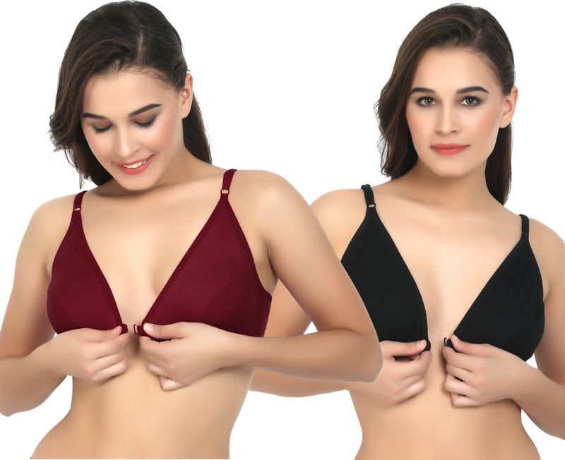 Pack of 2 Women Plunge Non Padded Bra  (Black, Maroon)