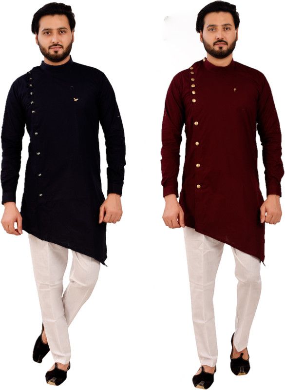 Pack of 2 Men Solid Cotton Blend Asymmetric Kurta  (Dark Blue, Maroon)