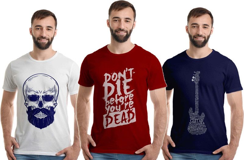 Pack of 3 Men Typography Round Neck Pure Cotton Dark Blue, White, Maroon T-Shirt