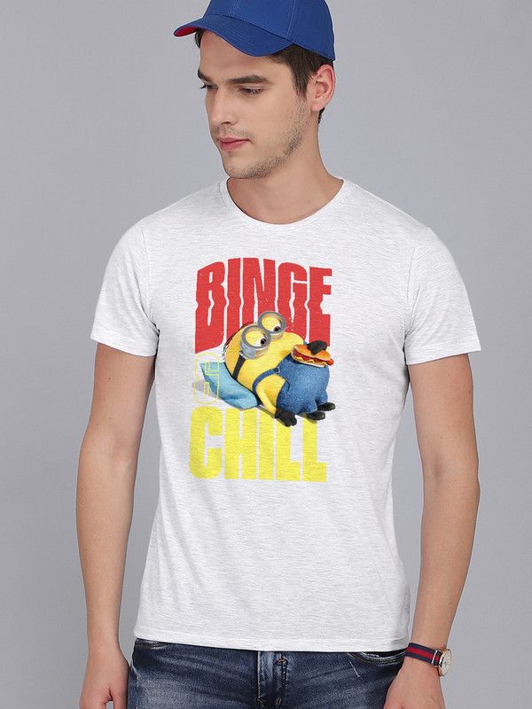 Minions Men Graphic Print Round Neck Pure Cotton White T-Shirt