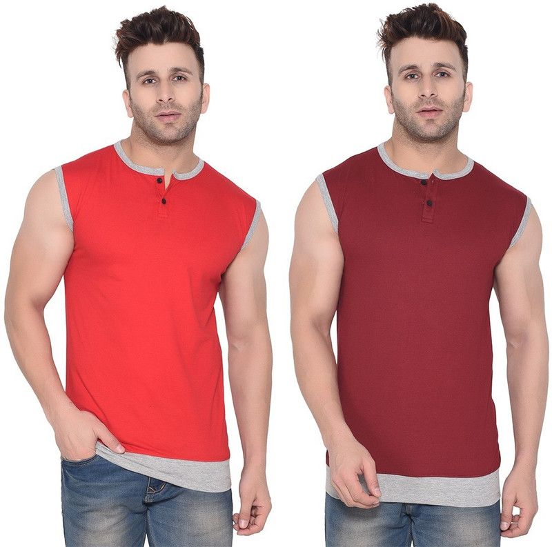 Pack of 2 Faizaan Men Solid Henley Neck Cotton Blend Red, Maroon T-Shirt