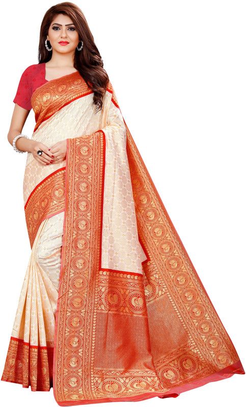 Self Design Bollywood Chiffon Saree  (Red, White)