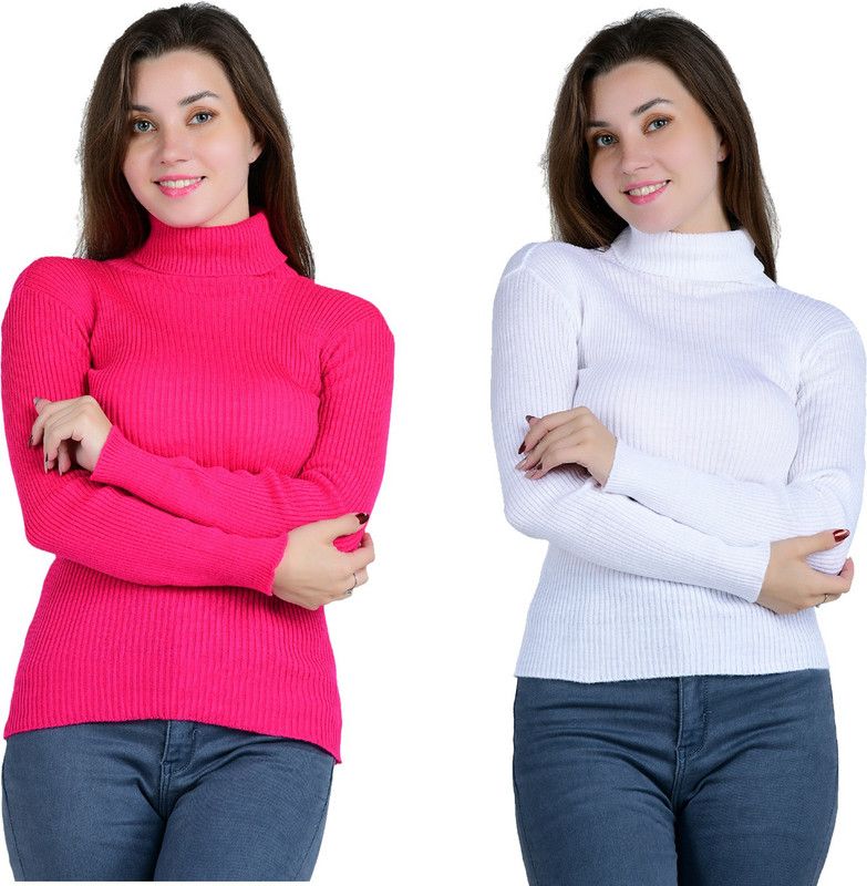 Women Solid High Neck White, Pink Sweater