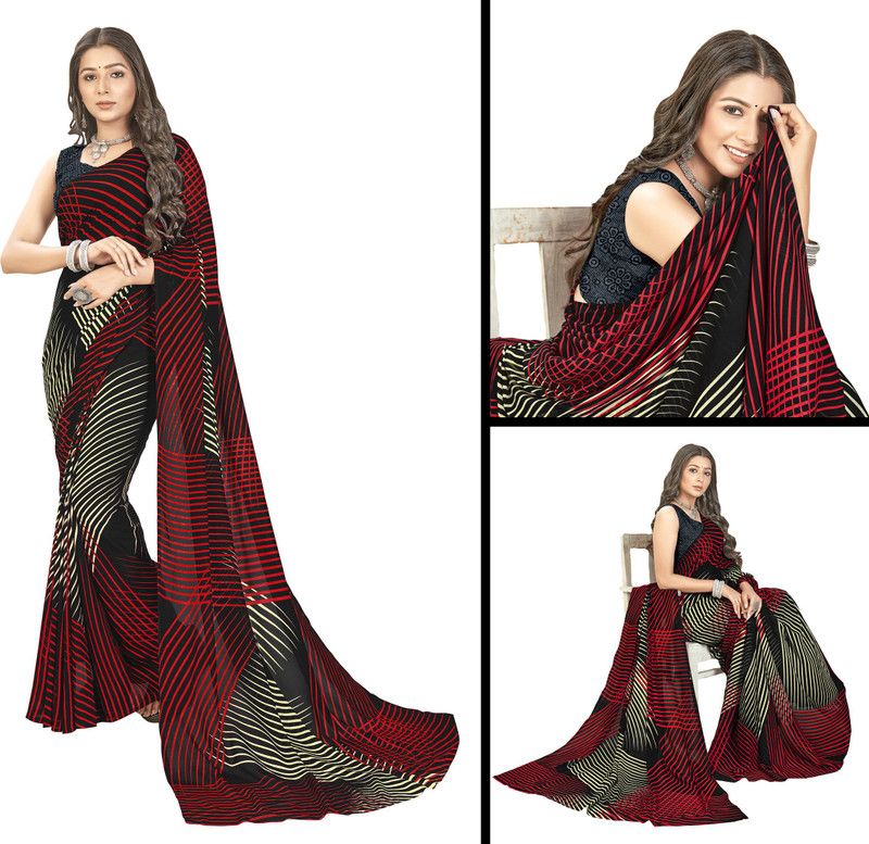 Printed, Striped Daily Wear Georgette Saree  (Red, Black)