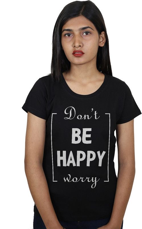 DonTWorryBeHappy-1XS-B Women Graphic Print Round Neck Reversible Cotton Blend Black T-Shirt