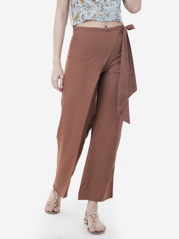 Women Regular Fit Brown Crepe Trousers