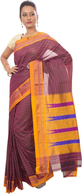Woven, Checkered Ilkal Handloom Silk Blend, Cotton Blend Saree  (Multicolor)