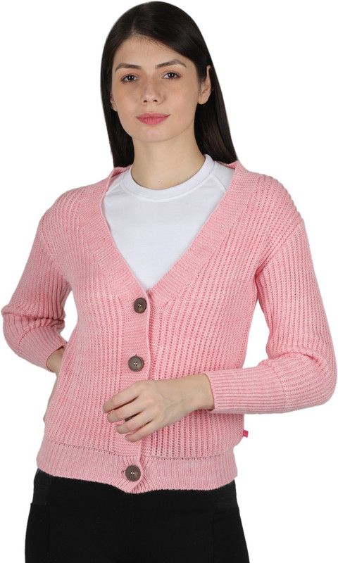 Women Woven V Neck Pink Sweater