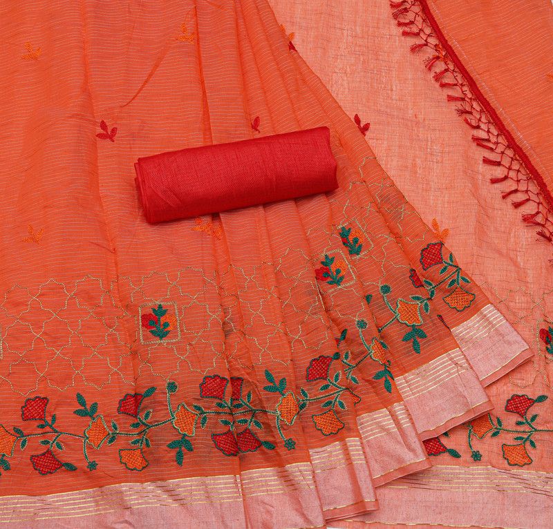 Chanderi Cotton Linen, Art Silk Saree  (Orange)