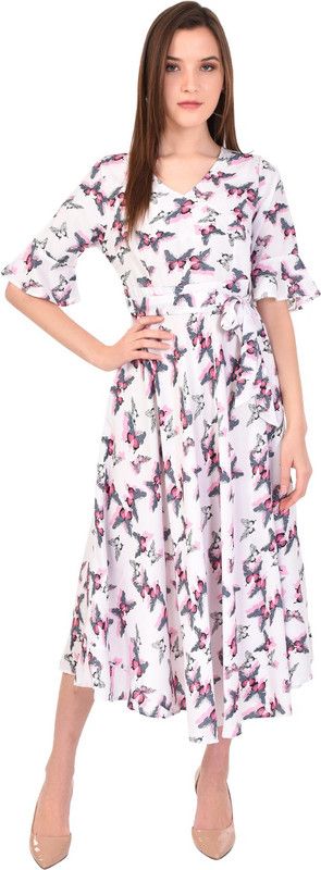 Crepe Stitched Flared/A-line Gown  (White)