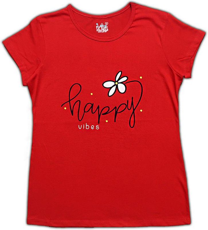 Women Printed Round Neck Poly Cotton Red T-Shirt