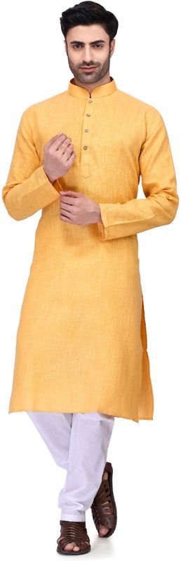 Men Solid Cotton Linen Straight Kurta  (Yellow)