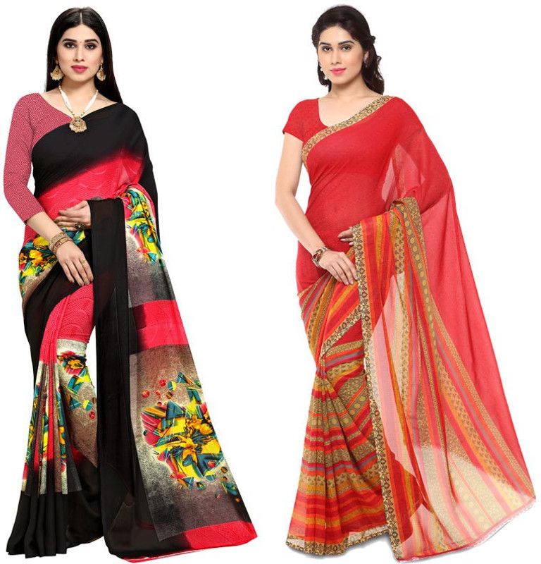 Geometric Print, Floral Print Daily Wear Georgette Saree  (Pack of 2, Multicolor)