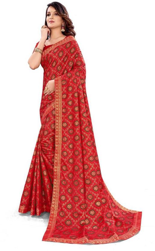 Printed Bandhani Dupion Silk Saree  (Red)