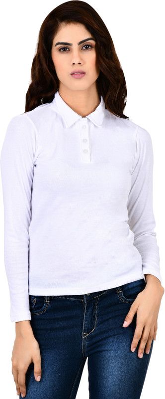 Women Solid Polo Neck Cotton Blend White T-Shirt