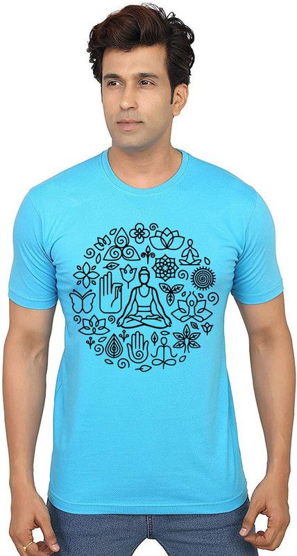 Yoga Flower Men Printed Round Neck Pure Cotton Light Blue T-Shirt