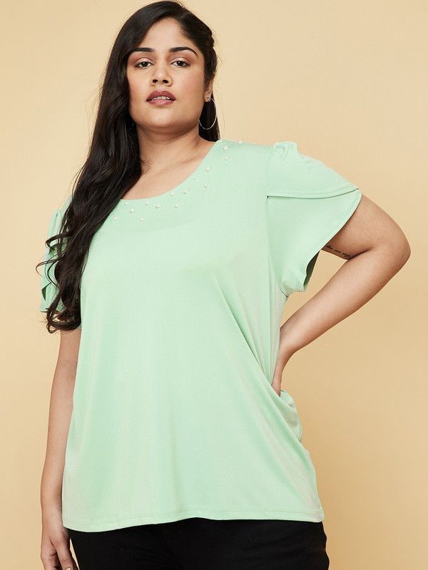 Casual Regular Sleeves Embellished Women Green Top