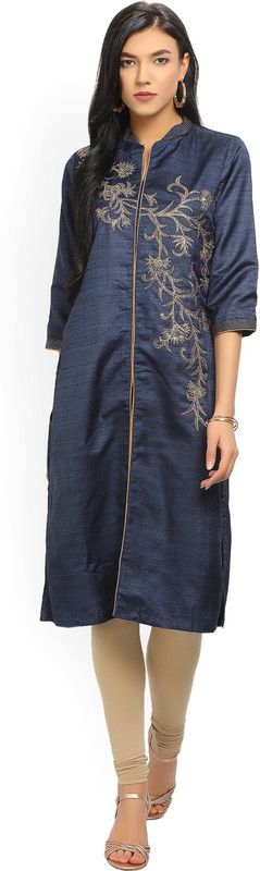 Women Printed Cotton Blend Frontslit Kurta  (Blue)