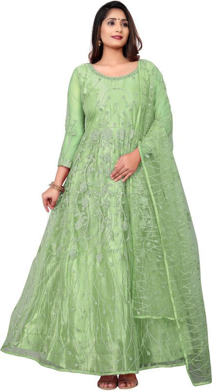 Solid Net Semi Stitched Anarkali Gown  (Light Green)