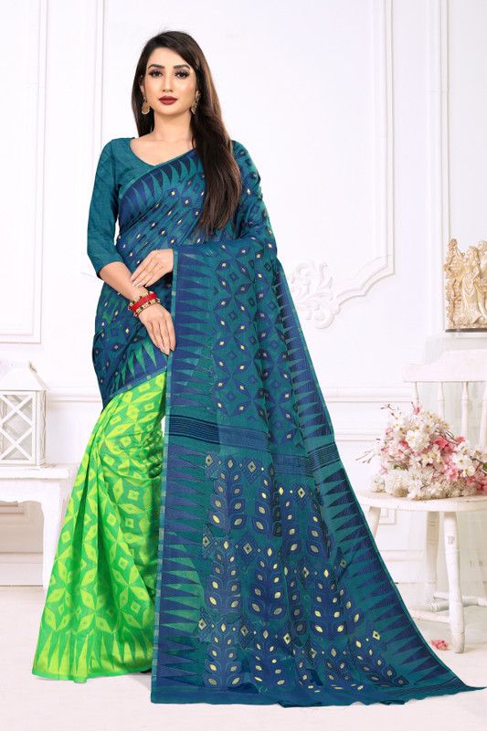 Floral Print Jamdani Art Silk Saree  (Blue)