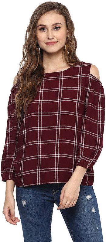 Casual Regular Sleeves Checkered Women Maroon Top