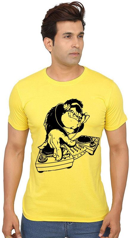 Dj Turntable Men Graphic Print Round Neck Pure Cotton Yellow T-Shirt
