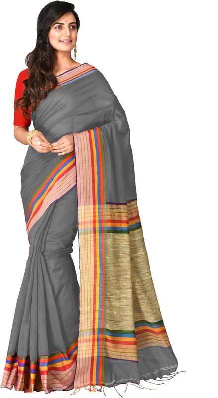 Woven Handloom Handloom Cotton Blend Saree  (Grey)