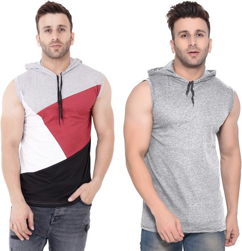 Pack of 2 Faizaan Men Solid Hooded Neck Cotton Blend Multicolor, Silver T-Shirt