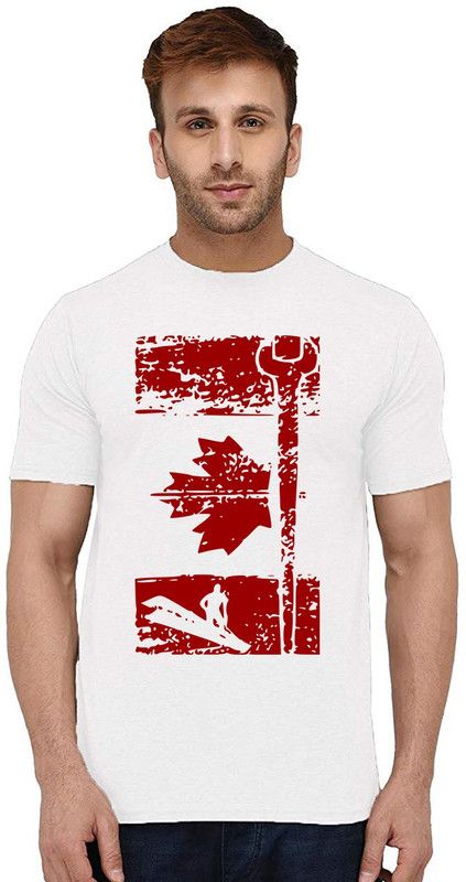 Canadian Style Men Graphic Print Round Neck Pure Cotton White T-Shirt