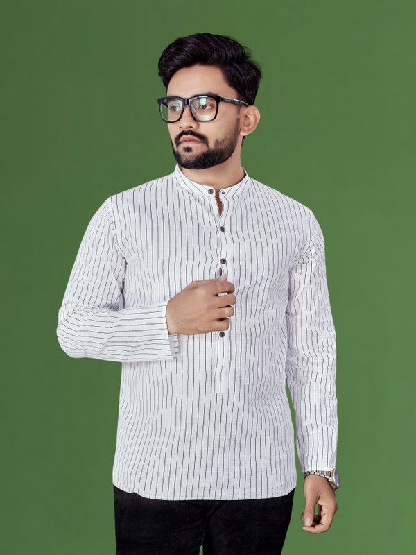 Men Striped Pure Cotton Straight Kurta  (White)