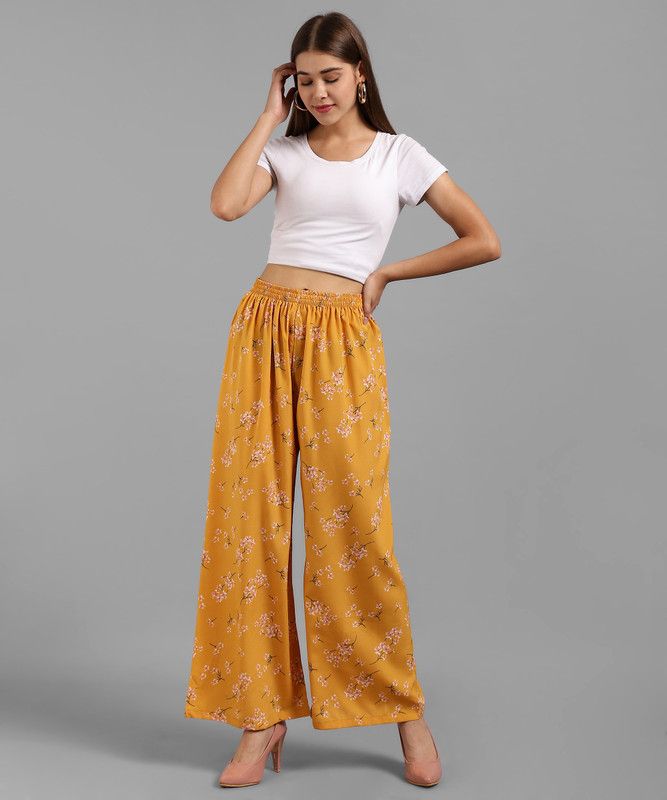 Women Regular Fit Yellow Crepe Trousers
