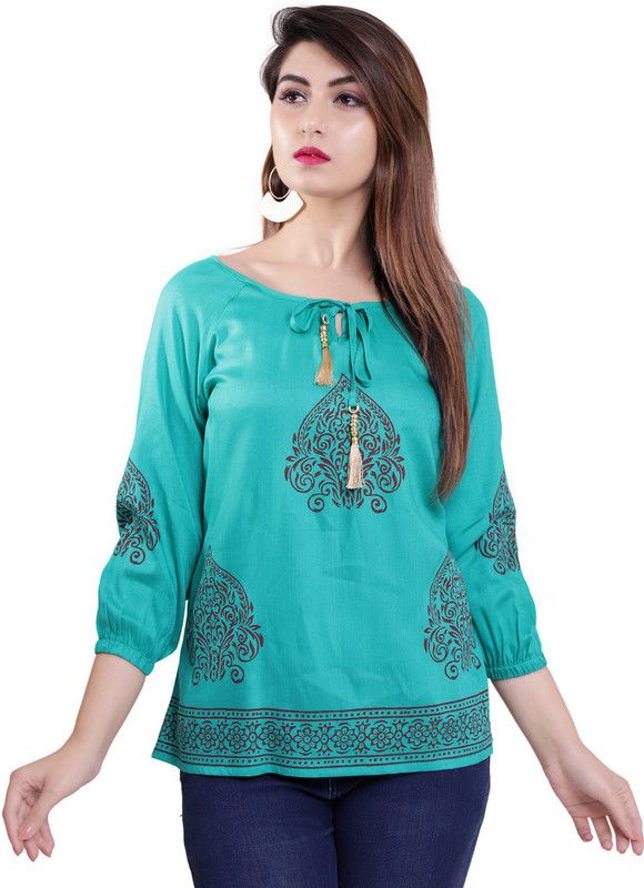 Casual Bishop Sleeve Printed Women Light Blue, Maroon Top