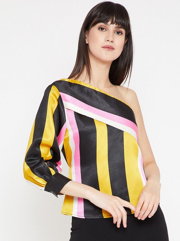Casual Cuffed Sleeves Striped Women Yellow Top
