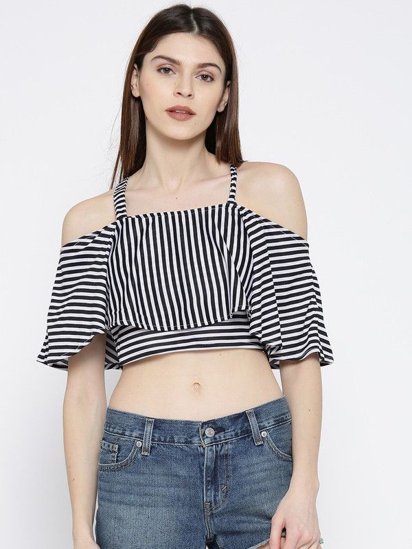 Casual Shoulder Straps Striped Women Black Top